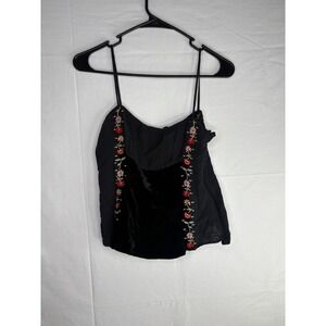 Y2K DKNY Black Silk Velvet burnout Embroidered Floral Cami Spaghetti Strap as M